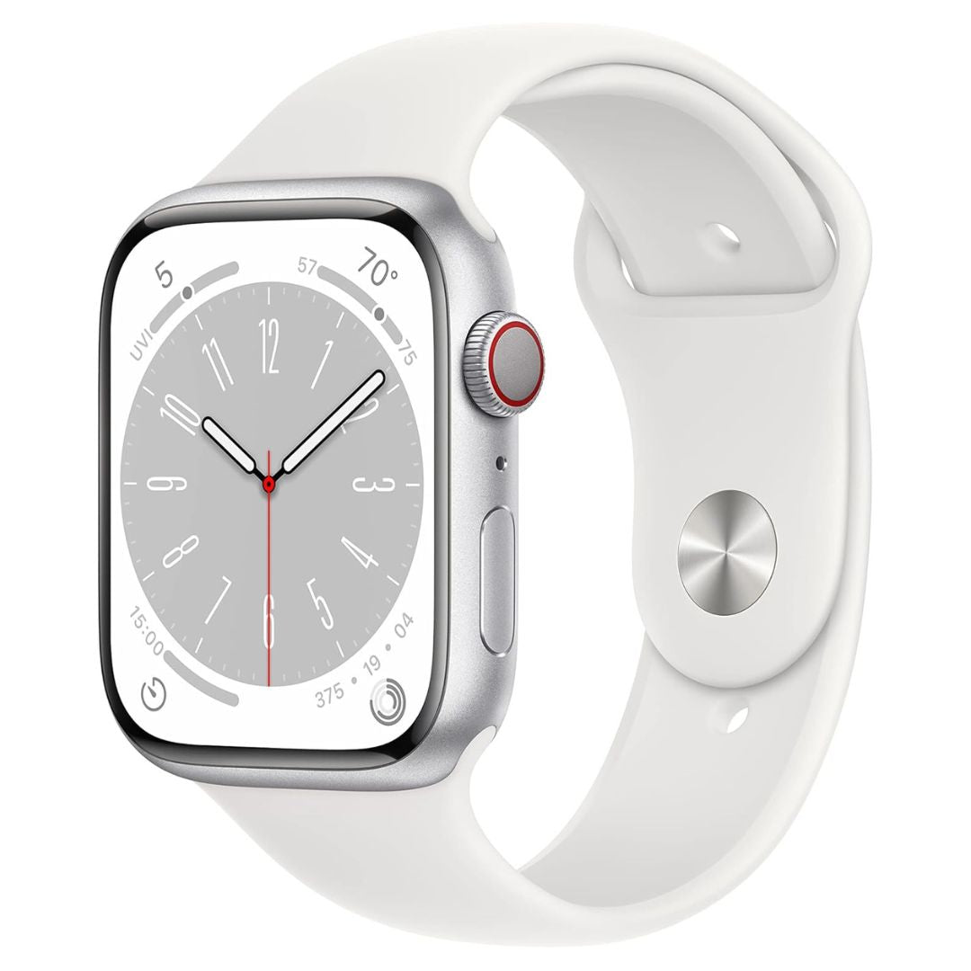 Apple Watch Series 8 (GPS + Cellular, 45MM) - Silver Aluminum Case with M/L White Sport Band  - MP4W3LL/A
