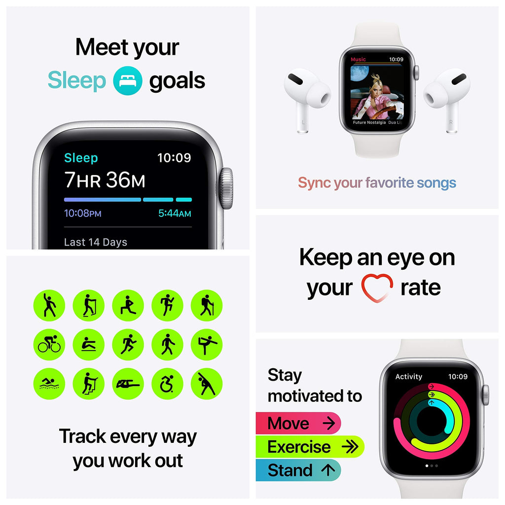 Apple Watch SE (GPS + Cellular) 44mm Silver Aluminum Case with White Sport Band - Silver - (2020) - MYEM2LL/A - Image 5